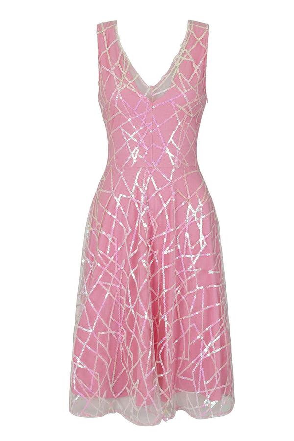 Hot Squash V Neck Embroidered Fit N Flare Dress Pink