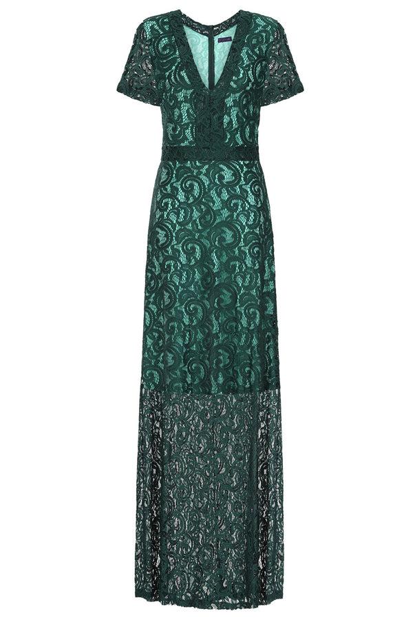 Hot Squash V Neck Lace Maxi Dress Bottle Green / Mint