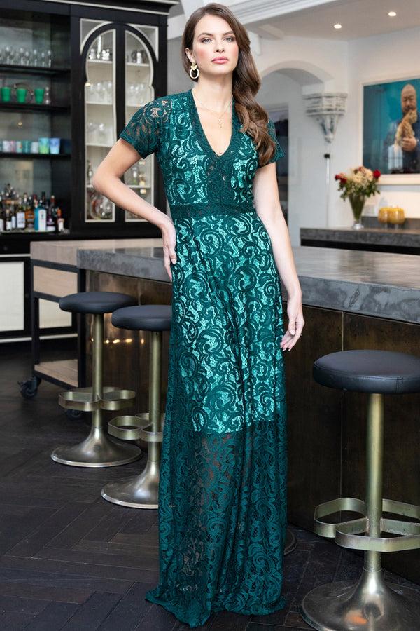 hot squash V Neck Lace Maxi Dress Bottle Green / Mint