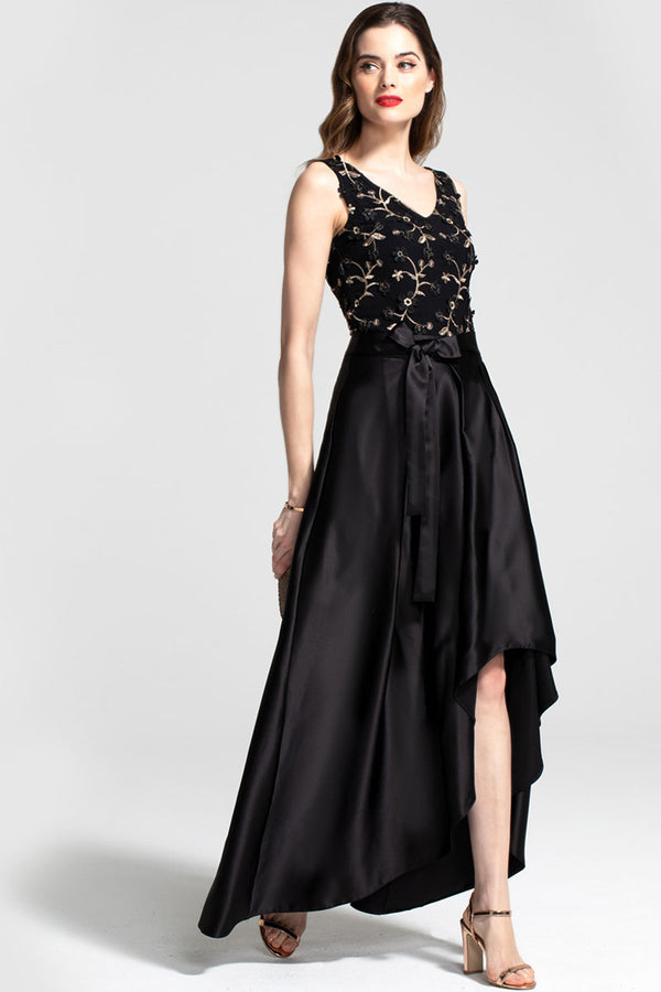 hot squash V Neck Maxi Dress with Silky High Low Skirt Black