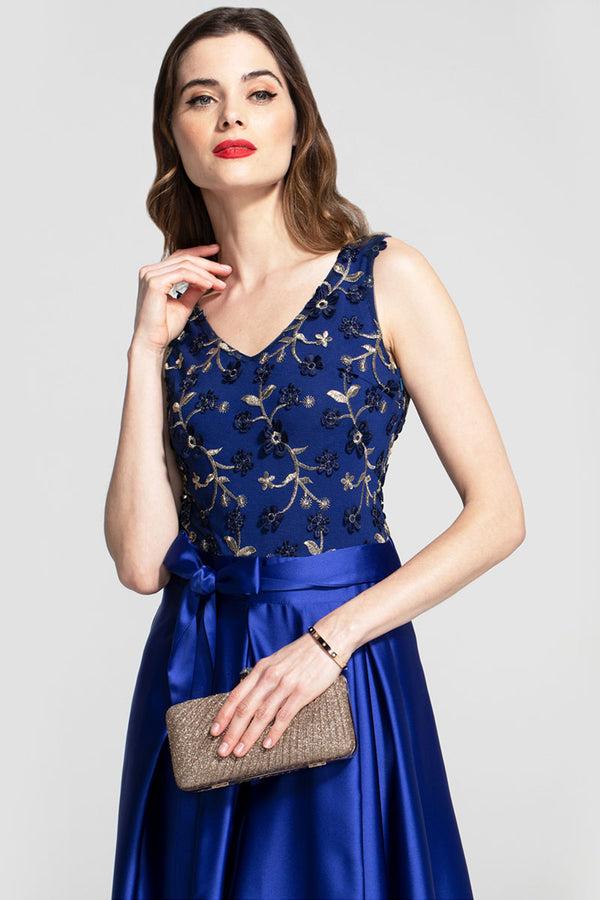 Hot Squash V Neck Maxi Dress With Silky High Low Skirt Royal Blue