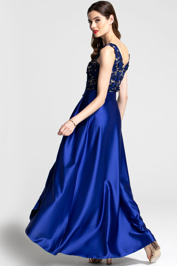 Hot Squash V Neck Maxi Dress With Silky High Low Skirt Royal Blue