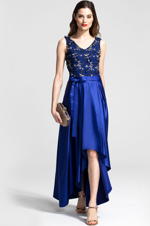 hot squash V Neck Maxi Dress with Silky High Low Skirt Royal blue