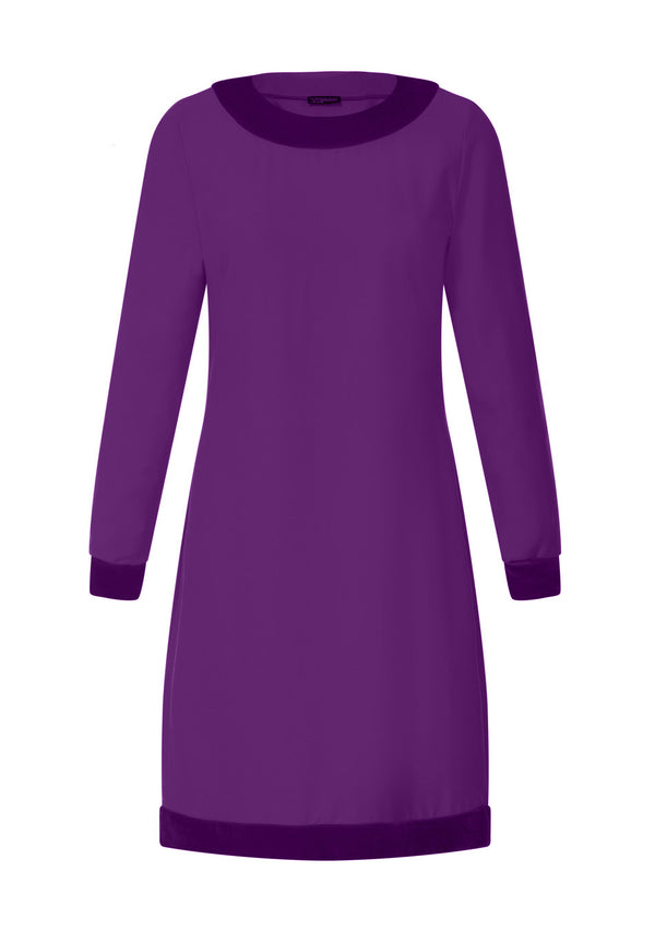 Hot Squash Velvet Detail Long Sleeved Swing Dress Purple