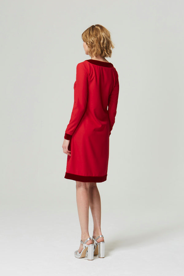 Hot Squash Velvet Detail Long Sleeved Swing Dress Red