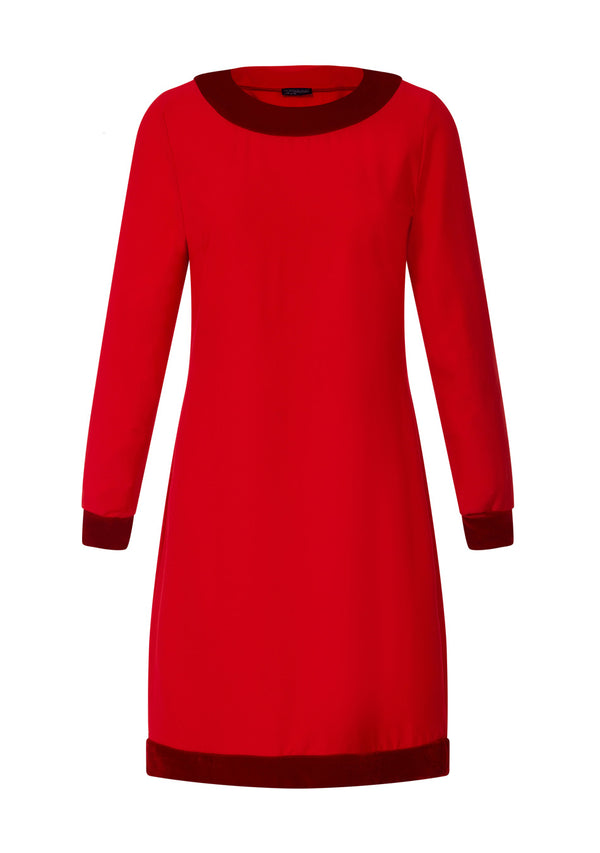 Hot Squash Velvet Detail Long Sleeved Swing Dress Red