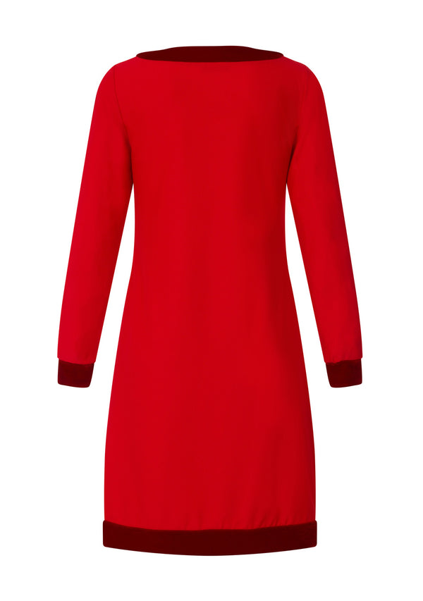 Hot Squash Velvet Detail Long Sleeved Swing Dress Red