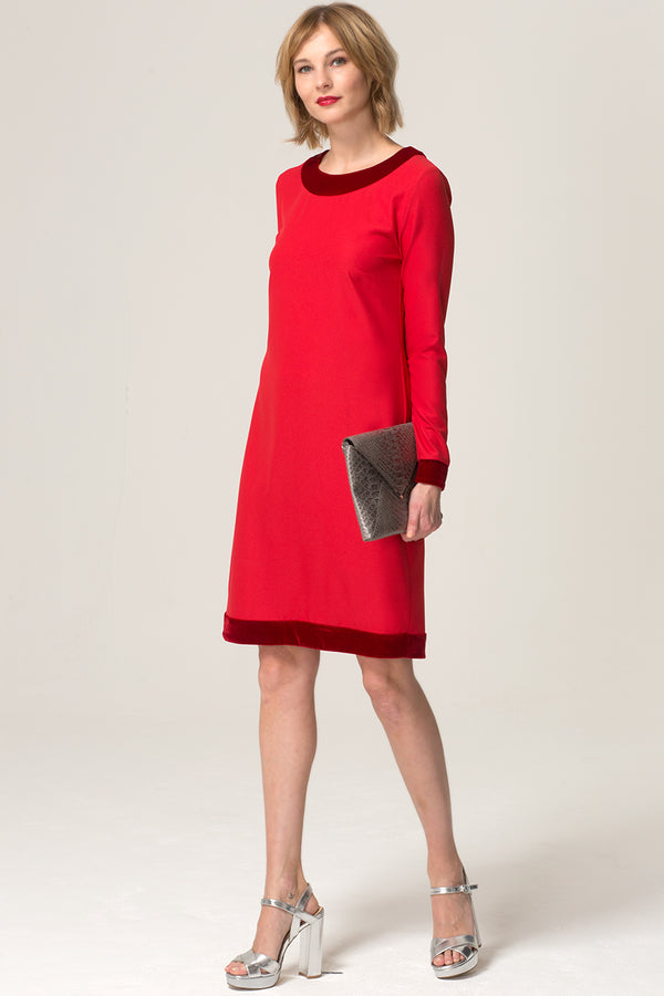 hot squash Velvet Detail Long Sleeved Swing Dress Red