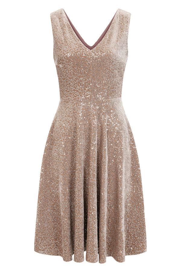 Hot Squash Velvet V Neck Fit N Flare Dress Cream / Silver