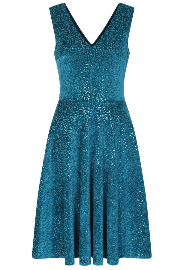 Hot Squash Velvet V Neck Fit N Flare Dress Turquoise