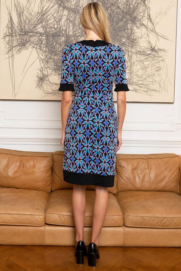 Hot Squash Vintage Feel Ponte Dress With Cuffs Flower Power In Blue