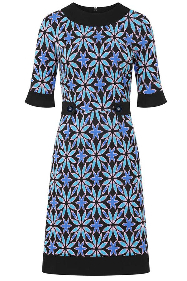 Hot Squash Vintage Feel Ponte Dress With Cuffs Flower Power In Blue