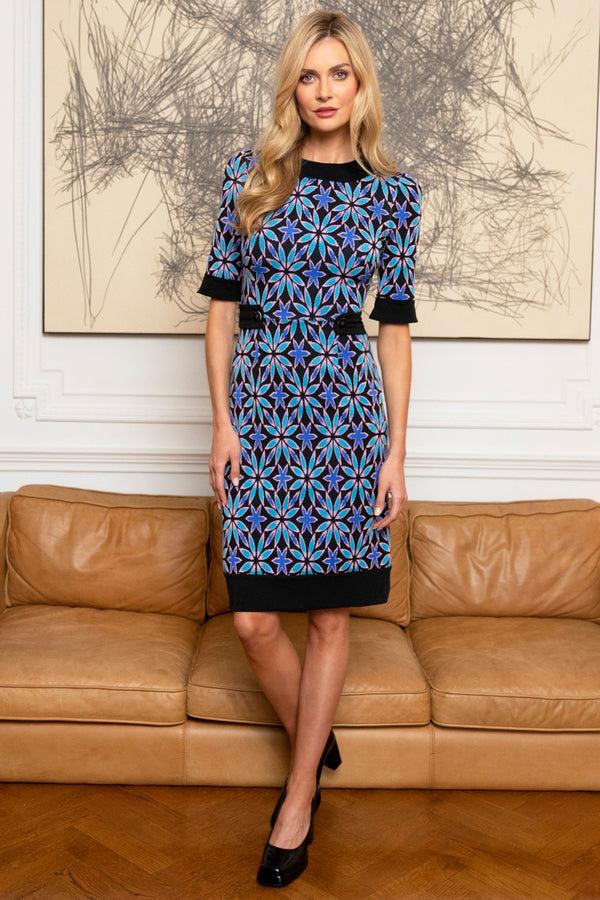 hot squash Vintage Feel Ponte Dress with Cuffs Flower Power in Blue