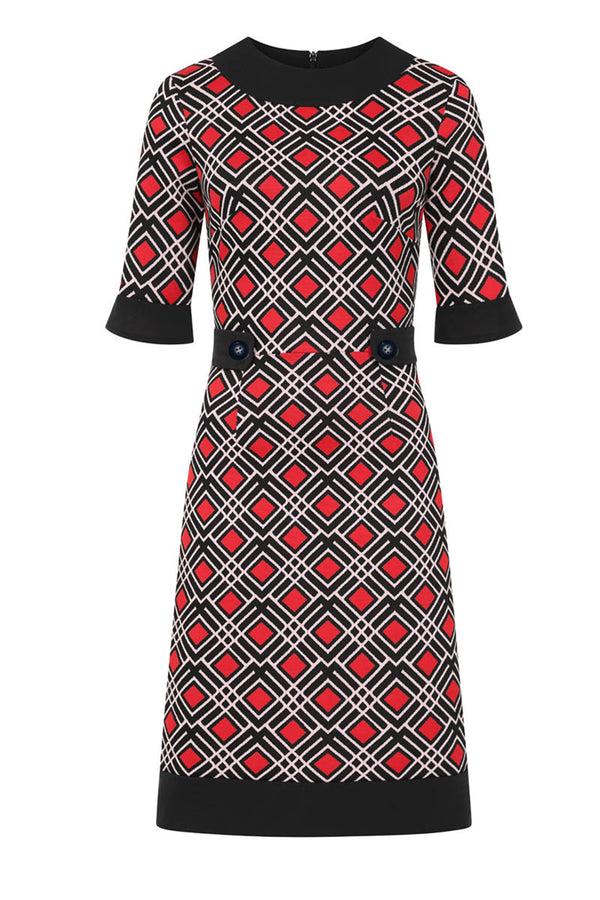 Hot Squash Vintage Feel Ponte Dress With Cuffs Red / Black Tile