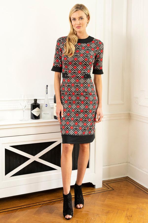 hot squash Vintage Feel Ponte Dress with Cuffs Red / Black Tile