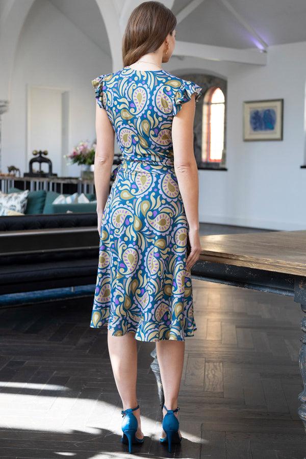 Hot Squash Waterfall Wrap Dress Green / Navy Paisley Swirl