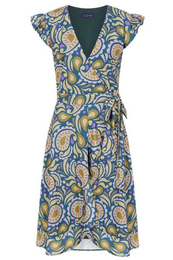Hot Squash Waterfall Wrap Dress Green / Navy Paisley Swirl