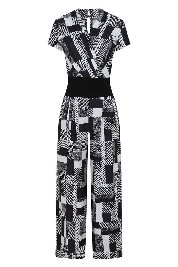 Hot Squash Wide Leg Jumpsuit Black & White Striped Geo Print