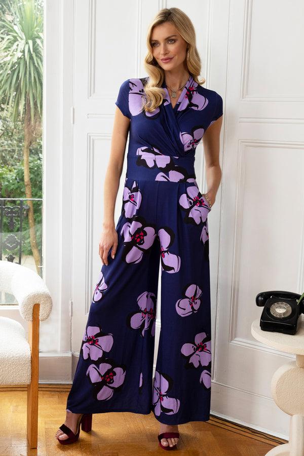 hot squash Wide Leg Jumpsuit Painterley Floral Navy / Lilac