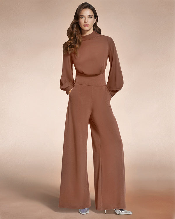 hot squash Wide Leg Jumpsuit with Blouson Sleeve Caramel
