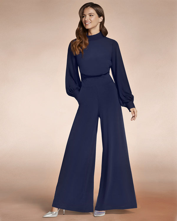 Hot Squash Wide Leg Jumpsuit With Blouson Sleeve Navy
