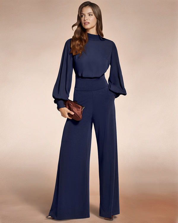 hot squash Wide Leg Jumpsuit with Blouson Sleeve Navy
