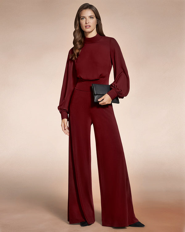 Hot Squash Wide Leg Jumpsuit With Blouson Sleeve Wine