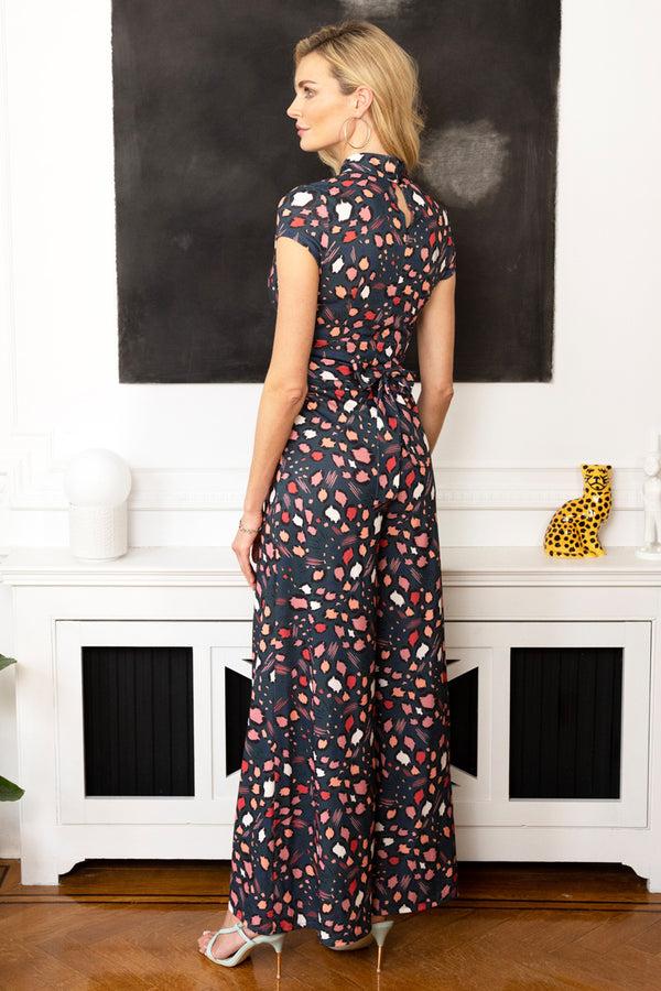 Hot Squash Wide Leg Jumpsuit With Cap Sleeves Abstract Teal Leopard