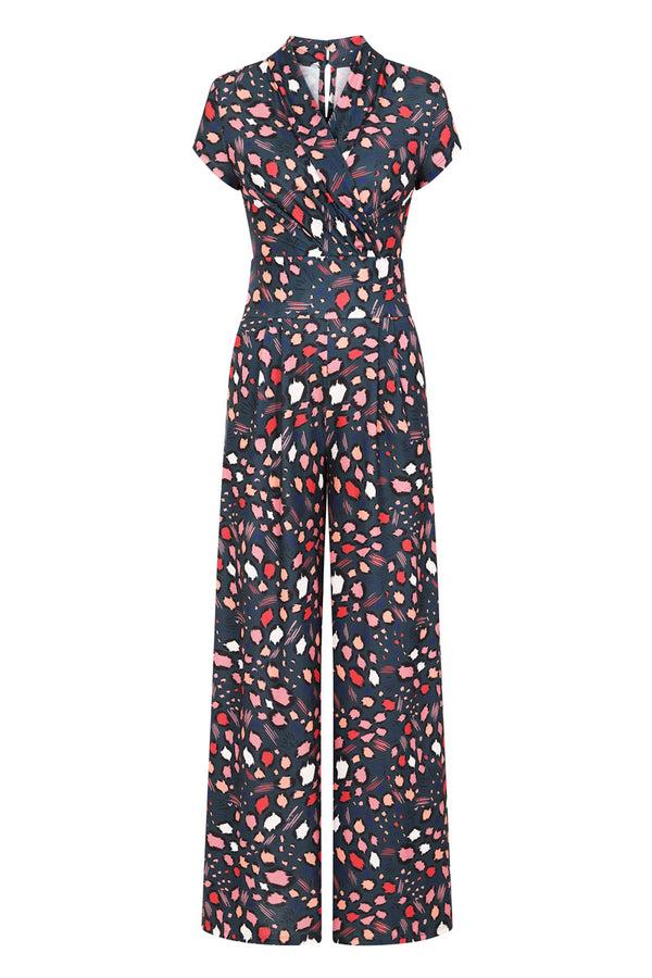 Hot Squash Wide Leg Jumpsuit With Cap Sleeves Abstract Teal Leopard