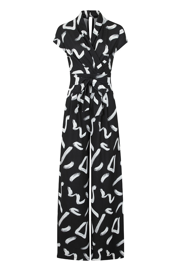 Hot Squash Wide Leg Jumpsuit With Cap Sleeves Black Brush Strokes