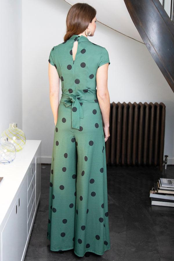 Hot Squash Wide Leg Jumpsuit With Cap Sleeves Green Polka Dots