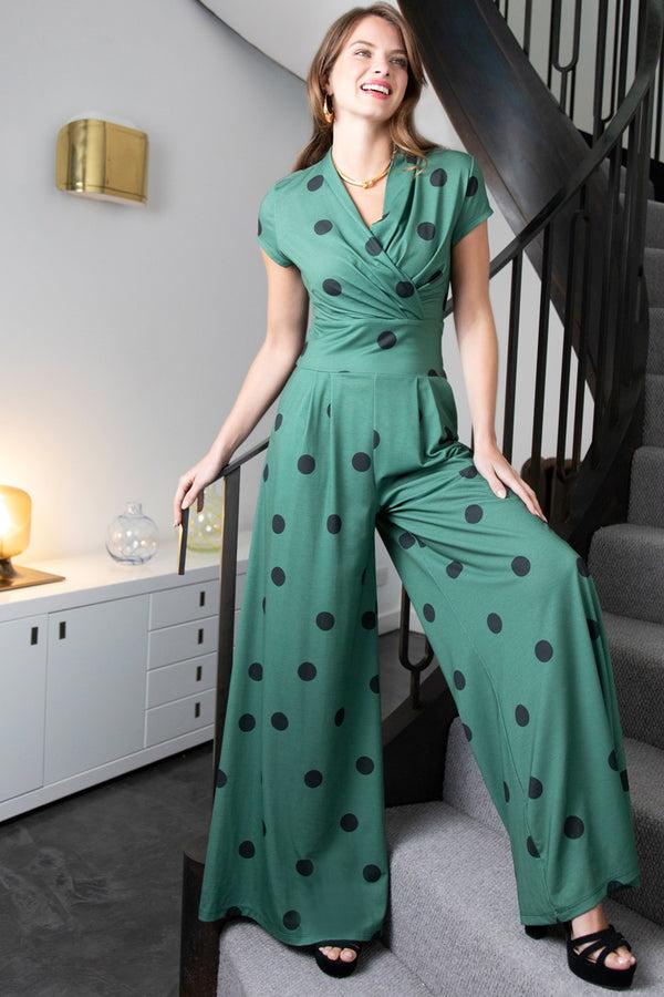 hot squash Wide Leg Jumpsuit with Cap Sleeves Green Polka Dots