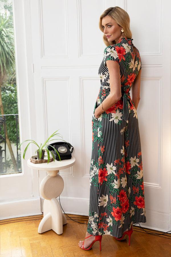 Hot Squash Wide Leg Jumpsuit With Cap Sleeves Pinstripe Floral