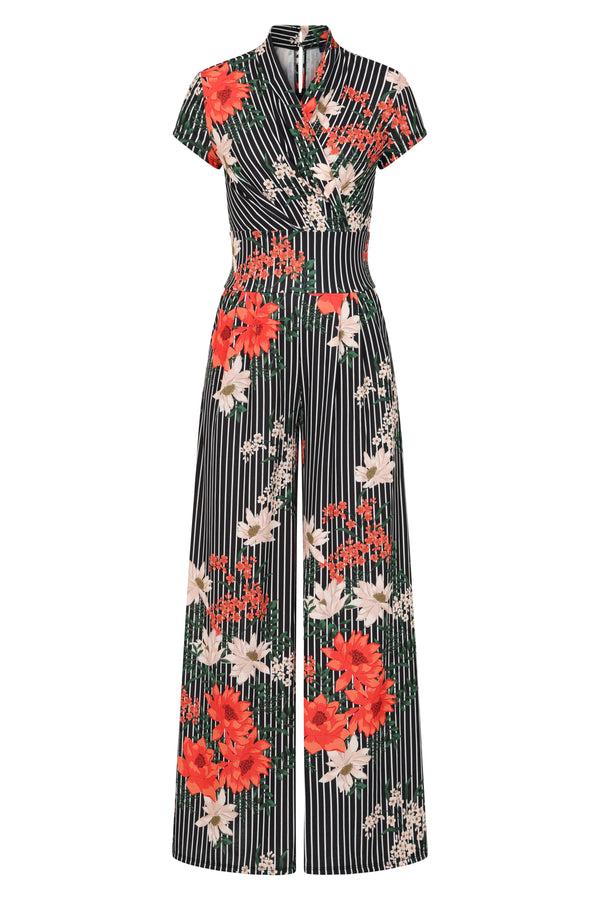 Hot Squash Wide Leg Jumpsuit With Cap Sleeves Pinstripe Floral