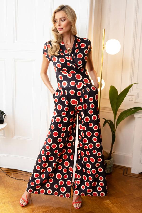 Hot Squash Wide Leg Jumpsuit With Cap Sleeves Polka Dots Black / Red