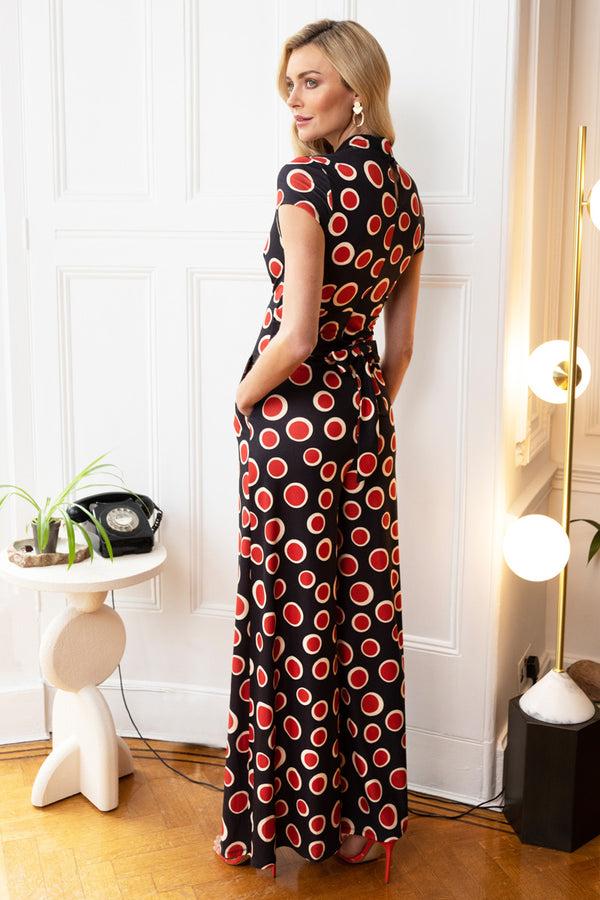 Hot Squash Wide Leg Jumpsuit With Cap Sleeves Polka Dots Black / Red