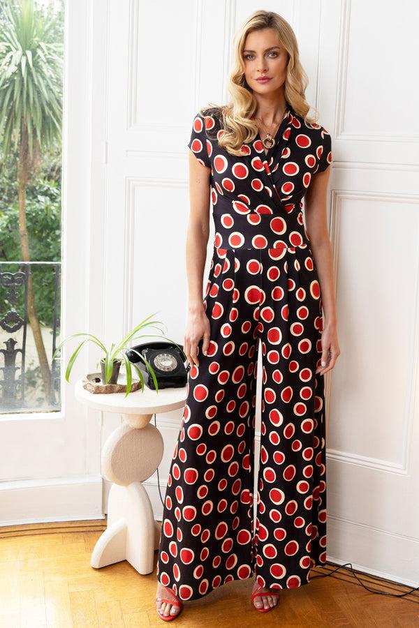 hot squash Wide Leg Jumpsuit with Cap Sleeves Polka Dots Black / Red