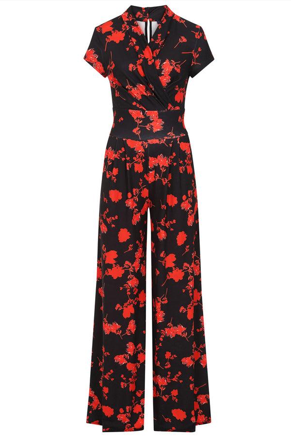 Hot Squash Wide Leg Jumpsuit With Cap Sleeves Red Flowers
