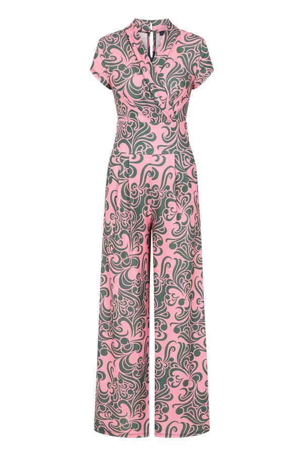 Hot Squash Wide Leg Jumpsuit With Cap Sleeves Retro Print Green / Pink