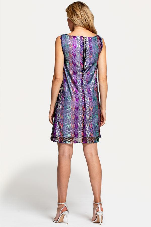 Hot Squash Zip-Back Sleeveless Shift Dress Purple Sequin