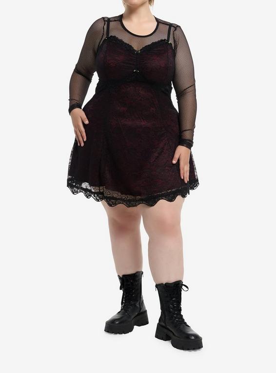 Hot Topic Black & Red Lace Twofer Long-Sleeve Dress Plus Size PURPLE