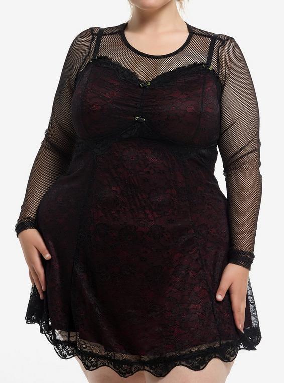 hot topic Black & Red Lace Twofer Long-Sleeve Dress Plus Size PURPLE