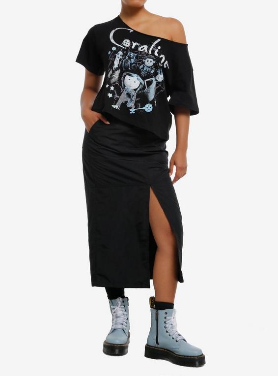 Hot Topic Coraline Jumbo Print Off-Shoulder Girls T-Shirt BLUE