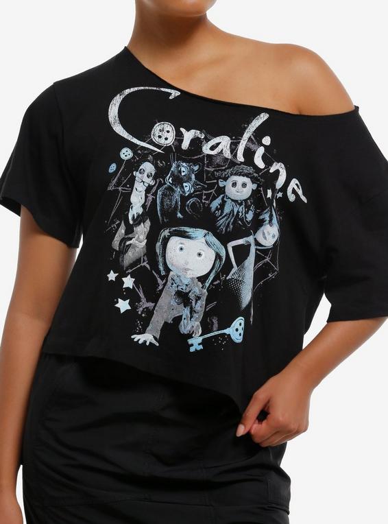 hot topic Coraline Jumbo Print Off-Shoulder Girls T-Shirt BLUE
