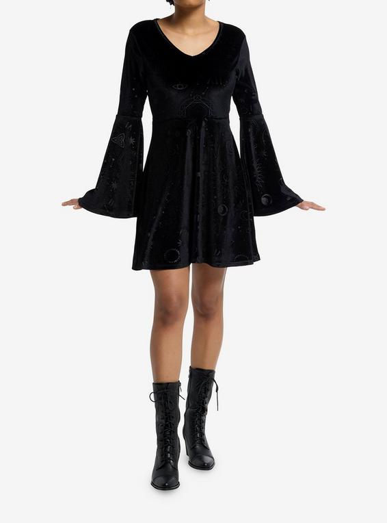 Hot Topic Cosmic Aura Black Celestial Velvet Bell Sleeve Dress BLACK