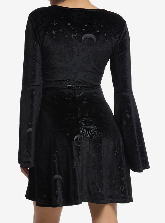 Hot Topic Cosmic Aura Black Celestial Velvet Bell Sleeve Dress BLACK