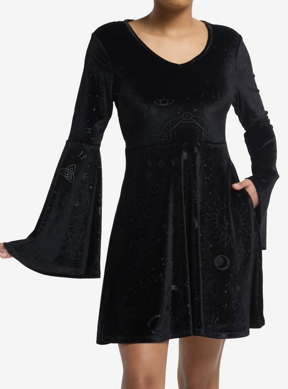 hot topic Cosmic Aura Black Celestial Velvet Bell Sleeve Dress BLACK