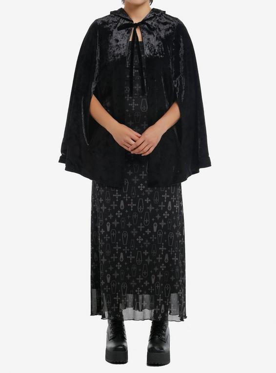 Hot Topic Cosmic Aura Black Velvet Girls Reversible Hooded Cape BLACK