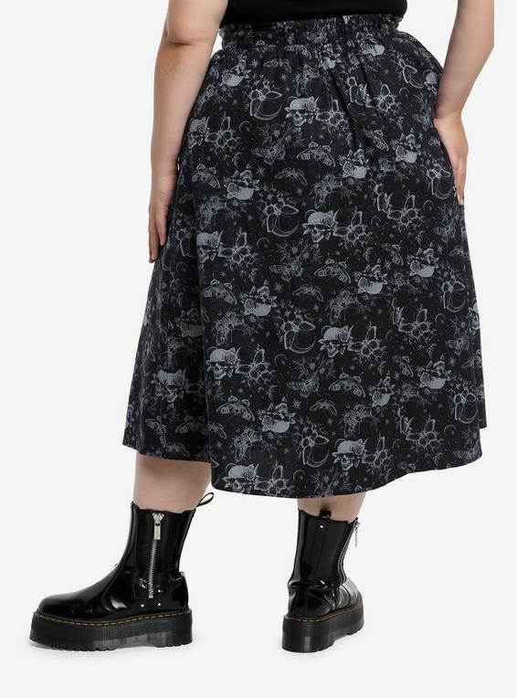 Hot Topic Cosmic Aura Moths & Skulls Flare Midi Skirt Plus Size GREY