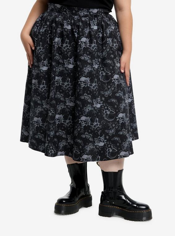 hot topic Cosmic Aura Moths & Skulls Flare Midi Skirt Plus Size GREY